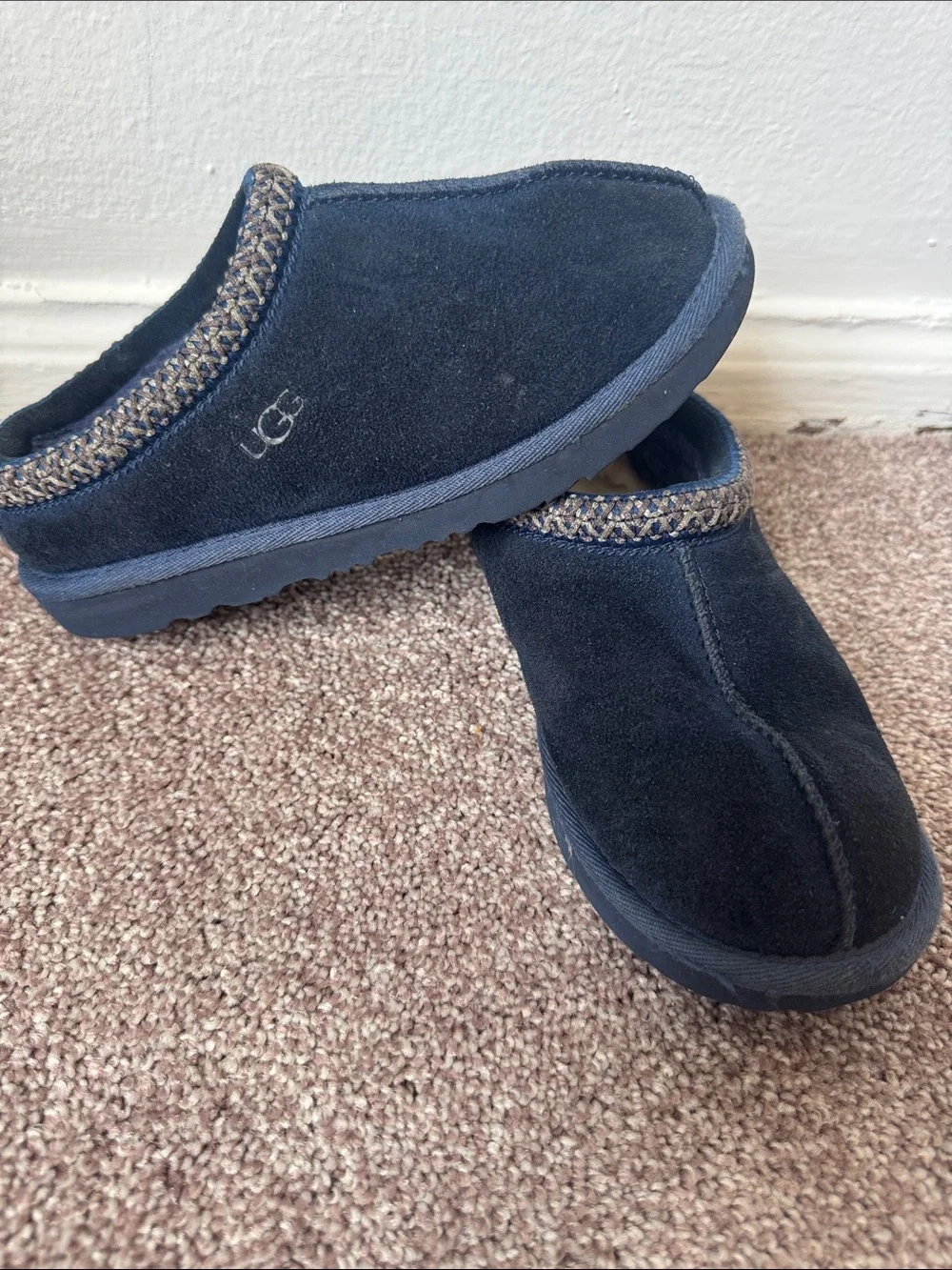 UGG Navy Suede Slip-On Mules with Patterned Trim